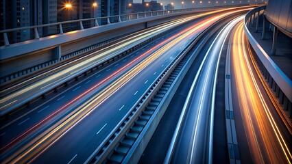 Motion blur lighting effect and abstract long exposure photography captured high speed urban traffic on a city street during evening rush hour
