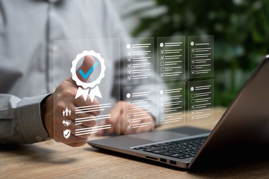Standards quality control of assurance, Service warranty business technology concept, Businessman thumbs up touch top service icon, Checklist of terms and conditions of quality guarantee online