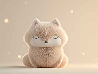 Fototapeta premium Cute, fluffy plush fox toy with closed eyes and serene expression, surrounded by soft bokeh lights. Calm and adorable decoration.