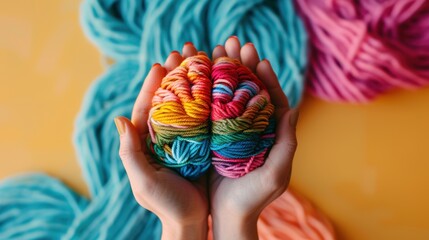 Colorful yarn shaped like a brain held in hands