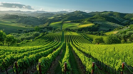 Naklejka premium Lush green vineyard rows stretch across rolling hills under a clear blue sky, showcasing the serenity of a countryside vineyard. Sunlight filters through the leaves, creating a picturesque scene of