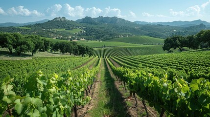 Fototapeta premium Lush green vineyard rows stretch across rolling hills under a clear blue sky, showcasing the serenity of a countryside vineyard. Sunlight filters through the leaves, creating a picturesque scene of