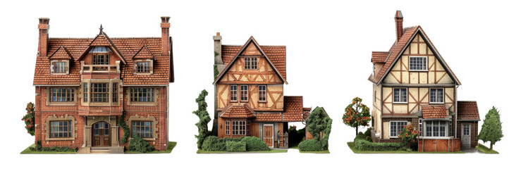 Collection of Diverse Luxury Properties - Beachside Villa, Colonial Mansion, Eco-Friendly House | Real Estate Concepts on White Background
