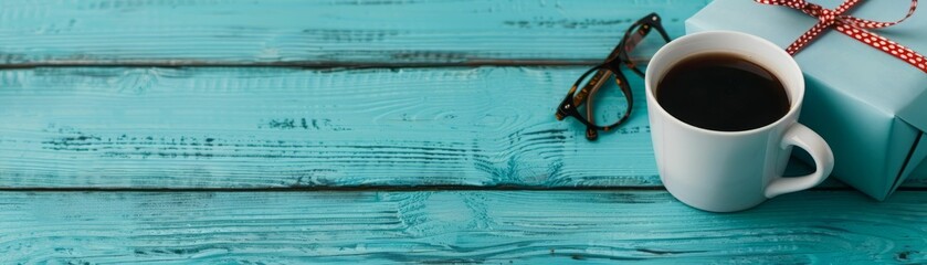 Coffee, Gift, and Glasses on Teal Wooden Background with empty space.