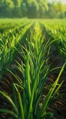 Obraz premium In the plantation fields, green onions thrive in dense, lush clusters, their crisp, green foliage thriving under optimal growing conditions, ideal for both cooking and garnishing