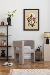 Interior design of white living room space with modern armchair, mock up poster frame, commode, ...