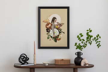 Stylish and minimalist composition on wooden design commode with mock up poster frame, flowers in...