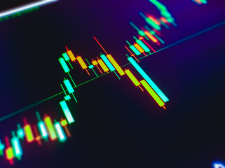 Closeup financial chart with candlestick graph in stock market on monitor background. stock exchange graph or stock market background.