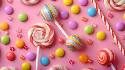 Colorful candy and lollipops on a pink background, shown from above. A bright pattern with sweet confectionery for a children's birthday party or celebration.
