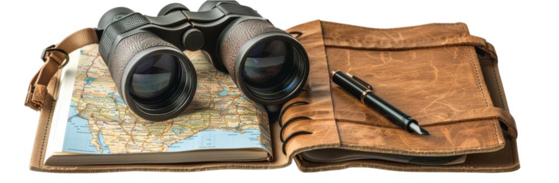 Travel Essentials Trio - City Map, Binoculars, and Diary on White Background