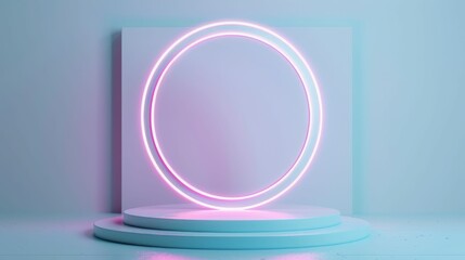 Obraz premium Podium Neon Light Circle on White Platform.