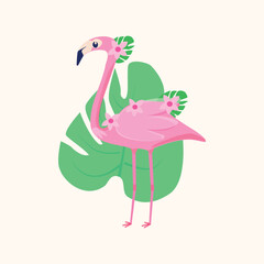 Pink flamingo with flowers on a green leaf background.