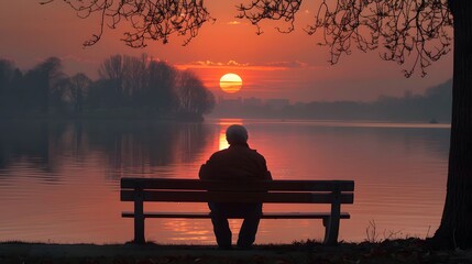 Obraz premium Elderly man sitting on park bench, looking out over lake at sunset.