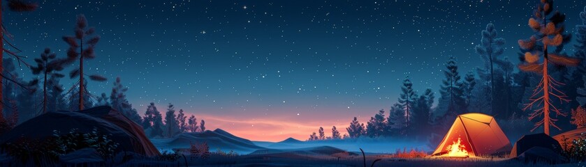 A serene night camping scene featuring a glowing tent and campfire under a star-filled sky in a peaceful forest.