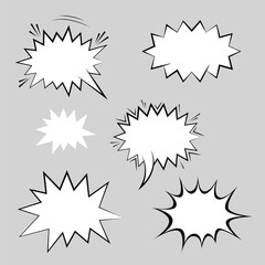 Set of boom comic book explosion. pop art pattern. speech bubble. cartoon retro starburst. funny superhero print. vector illustration