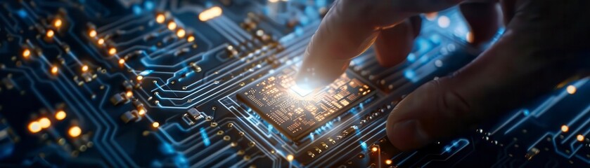 Obraz premium A finger touching a glowing microchip on a circuit board