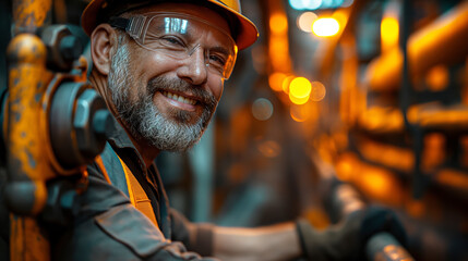 A man wearing a hard hat and safety glasses is smiling. He is wearing an orange jacket and he is a worker. A construction pipe fitter working on a pipe in a refinery. He is middle aged.