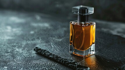 Men s fragrance on a black stone backdrop with blurred focus Ample room for text
