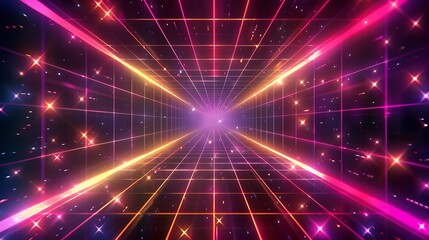 Obraz premium futuristic, abstract, illustration, design, laser, night, technology, blue, bright, vector, background, galaxy, glowing, poster, template, sky, nostalgia, purple, light, striped, geometric, 1980, retr