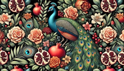 Naklejka premium A pattern with a black background featuring an elegant peacock, surrounded by various botanical elements