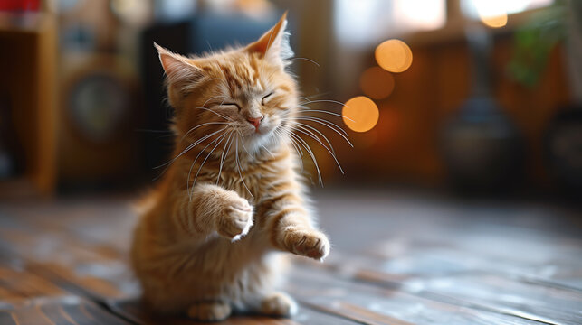 Adorable kitten perched on wooden floor, looking up