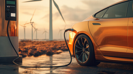 Charging an electric car on rural field at roadside. Bokeh on the background.