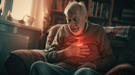 Fototapeta premium Heart Attack Symptoms. Elderly Man Experiences Chest Pressure and Shortness of Breath