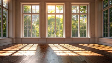 Fototapeta premium An empty room with three large windows and wooden floors, ideal for hanging art or photography. The room is well lit by natural light from the windows, creating a bright atmosphere.