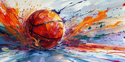 Basketball with paint splatters, modern art piece, vibrant hues, dynamic lines, bold and expressive, contemporary and lively, artistic and energetic