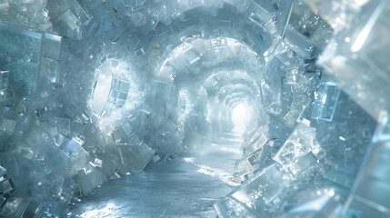 A futuristic, crystalline tunnel shimmering with icy, translucent surfaces, leading to a bright exit.