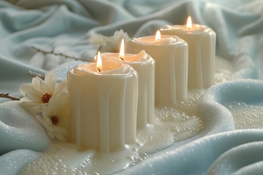 White candles on silk fabric. Soft lighting emphasizes a calm and peaceful environment, while the flames gently illuminate the surrounding area. Concept: solstice, ritual, magic, wedding