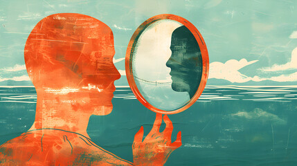 An illustration of a person holding a mirror reflecting their inner and outer selves, illustration.


