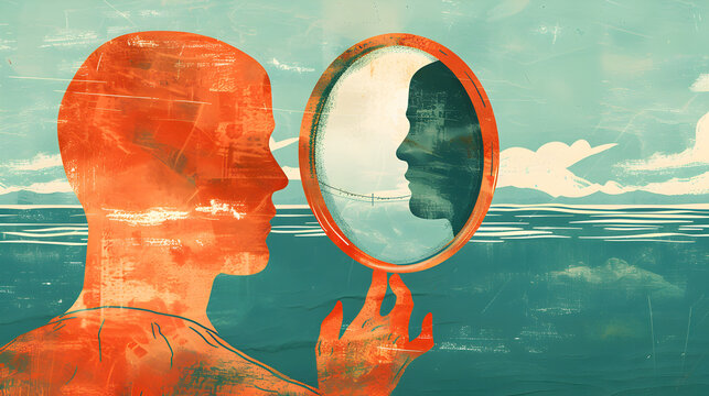 An illustration of a person holding a mirror reflecting their inner and outer selves, illustration.


