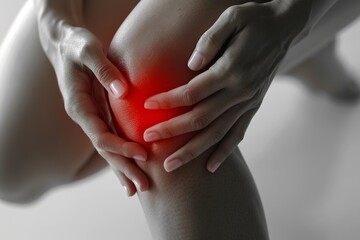 Close-up of hands holding a painful knee, highlighted with red, symbolizing joint pain, injury, and discomfort.