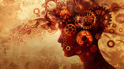An illustration of a person with gears turning in their head, symbolizing the processing of thoughts and emotions, illustration.



