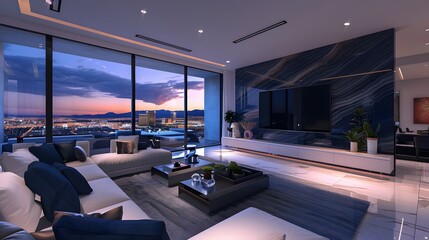 The interior living room in a top floor apartment with panoramic windows overlooking Las Vegas at sunset. The living room has a white and navy blue color scheme with a large seating sofa,.