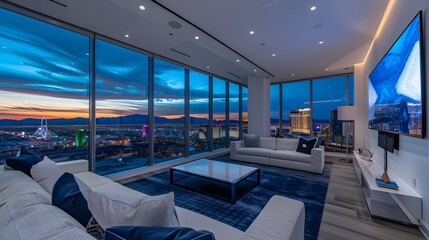 The interior living room in a top floor apartment with panoramic windows overlooking Las Vegas at sunset. The living room has a white and navy blue color scheme with a large seating sofa,.