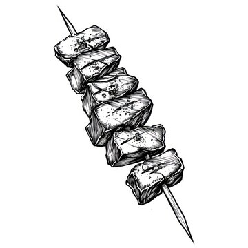 recommend clip art: Shashlik, meat peaces on skewer with baked vegetables isolated on white background. Delicious shawarma, grilled arabic cuisine, barbecue, bbq. Vector hand drawn sketch illustration in doodle outline