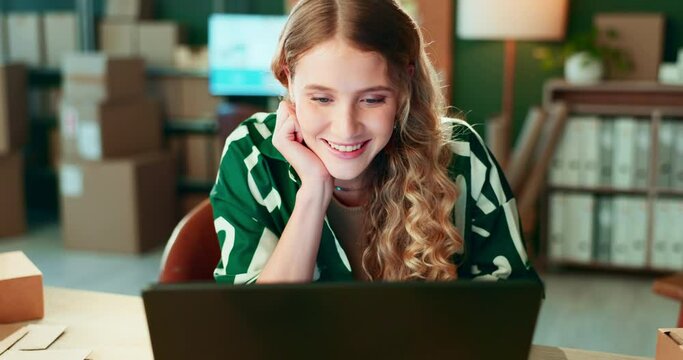 Business woman, boxes and laptop planning for courier service, logistics and thinking of e commerce sales. Happy entrepreneur or seller typing and reading on computer for online shop profit or stock