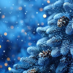 Fototapeta premium A beautiful winter scene of a snow-covered fir tree with twinkling lights in the background.