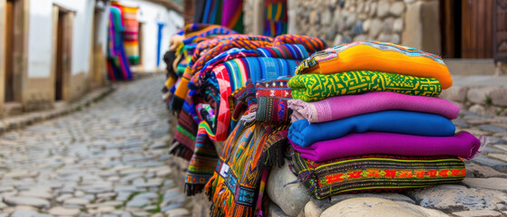 A row of colorful blankets are stacked on a stone wall