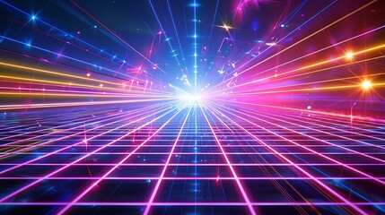 Obraz premium futuristic, abstract, illustration, design, laser, night, technology, blue, bright, vector, background, galaxy, glowing, poster, template, sky, nostalgia, purple, light, striped, geometric, 1980, retr