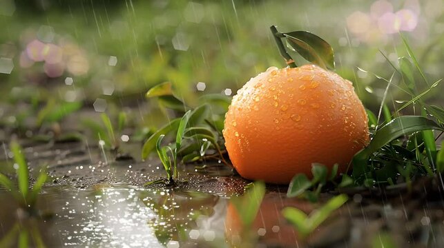 Footage Orange Fruit On The Ground Falls In Rain