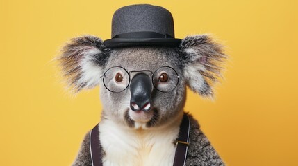 Obraz premium A close-up portrait of a koala wearing a black top hat and eyeglasses. The koala is looking at the camera with a curious expression.