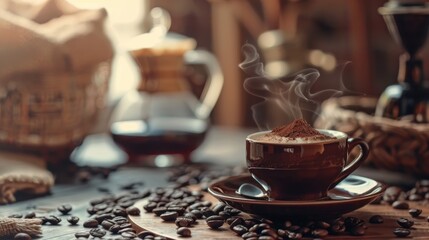 A white coffee cup with a spoon on a wooden table with coffee beans scattered around it. Scene is cozy and inviting, as it depicts a simple yet comforting scene of enjoying a hot cup of coffee