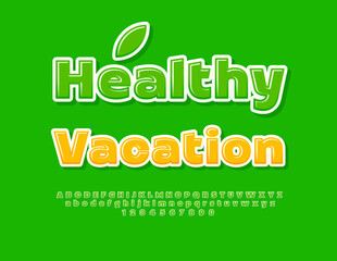 Vector travel template Healthy Vacation. Green Bright Font. Artistic Glossy Alphabet Letters and Numbers set.
