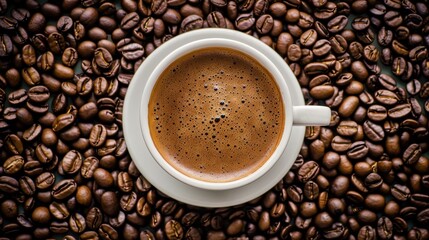 Fototapeta premium A white coffee cup with a spoon on a wooden table with coffee beans scattered around it. Scene is cozy and inviting, as it depicts a simple yet comforting scene of enjoying a hot cup of coffee
