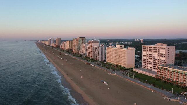Aerial View of the Virginia Beach Oceanfront Hotels and Resorts at Sunrise