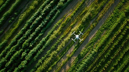 Fototapeta premium Drone technology transforms agriculture: aerial shot captures drones in flight, optimizing crop management and yield with precision monitoring