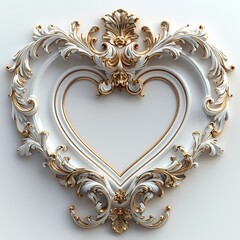 Floral heart shape frame in white and gold on white background
